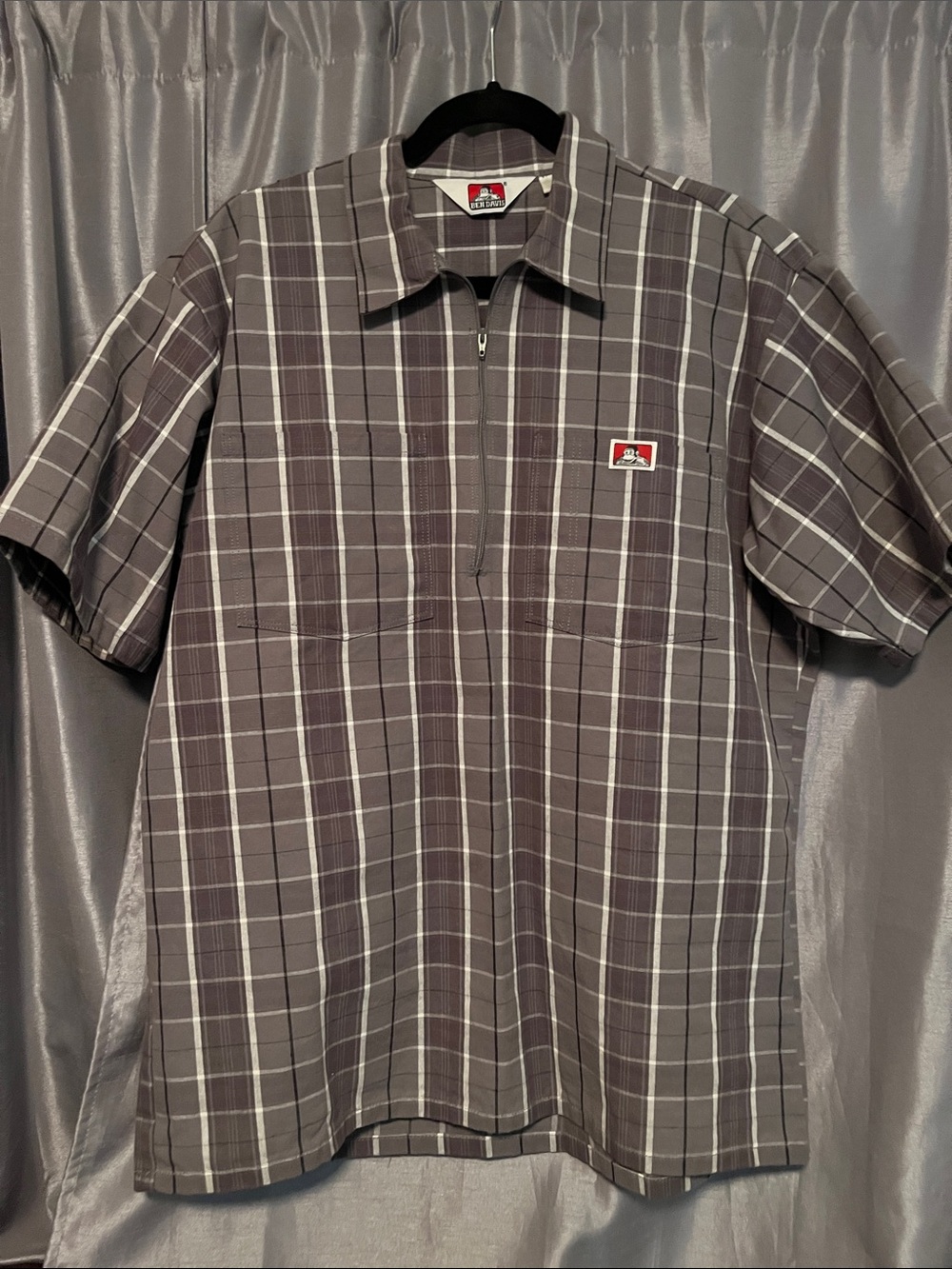 Ben Davis Gray Plaid Short-Sleeve Zip Polo